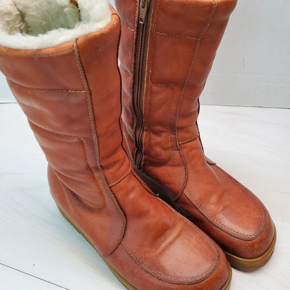 LL Bean Vintage Women 7 Cognac Leather Shearling Lined Winter Boots Canada Made
